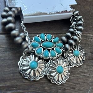 By The Bay Stretch 3 row bracelet, silver conchos, faux turquoise stones Western